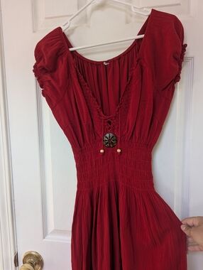 Red Boho Maxi Dress with Lace-Up Front Women Size M